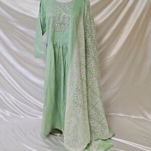 Elegant pastel Green Embroidered Dress with Shawl